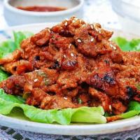 Spicy Pork (S) · Spicy. Sliced pork with gochujang (chili pepper paste), ginger, and onion spicy marinade. Se...