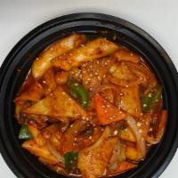 Braised Rice Cake  · Spicy. Rice cakes braised sliced fish cakes & vegetables with Spicy sauce.