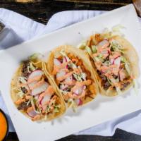 Steak Tacos (3) · Grilled steak, jack cheese, aioli, green onions, radishes, cabbage