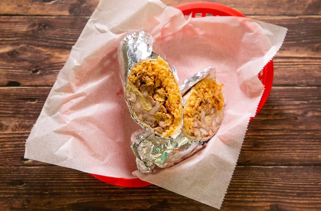 Regular Burrito · Choice of meat, rice, beans, & salsa.