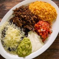 Dinner Plate · Rice, bean, choice of meat, salsa, sour cream, guacamole, & tortillas.