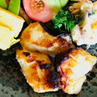 Black Cod Saikyo Yaki Set · Grilled black cod marinated with sweet white miso
served with rice, miso soup, salad.