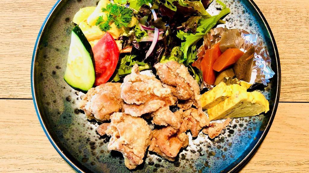 Chicken Karaage Set · Deep fried boneless chicken served with rice, miso soup, salad.