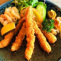 Fried Shrimp Set · Deep fried breaded shrimp served with rice, miso soup, salad.