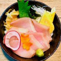 Hamachi Don · Yellow tail sashimi over rice served with miso soup, salad.