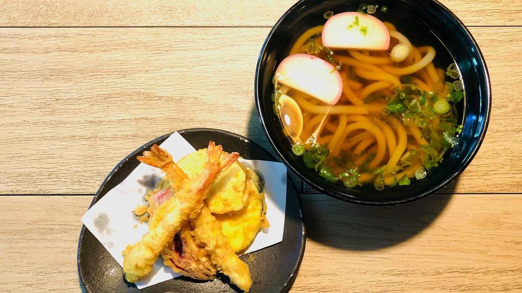 Tempura Udon · Hot noodle soup with shrimp and vegetable tempura, green onion