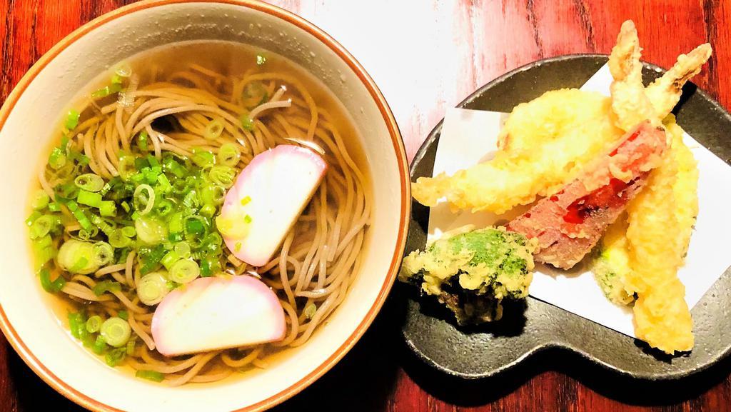 Tempura Soba · Hot buckwheat noodle soup with shrimp and vegetable tempura, green onion