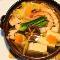 Yose Nabe · Scallop, shrimp, chicken, tofu, nappa cabbage and shiitake mushroom in dashi broth