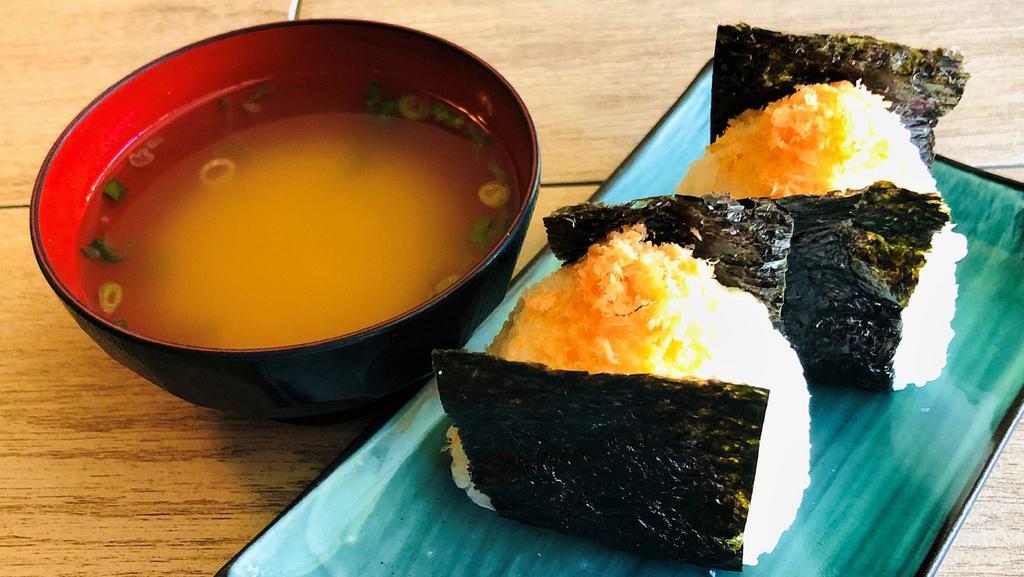 Salmon onigiri (2pc) · Salmon onigiri (2pc) with miso soup
