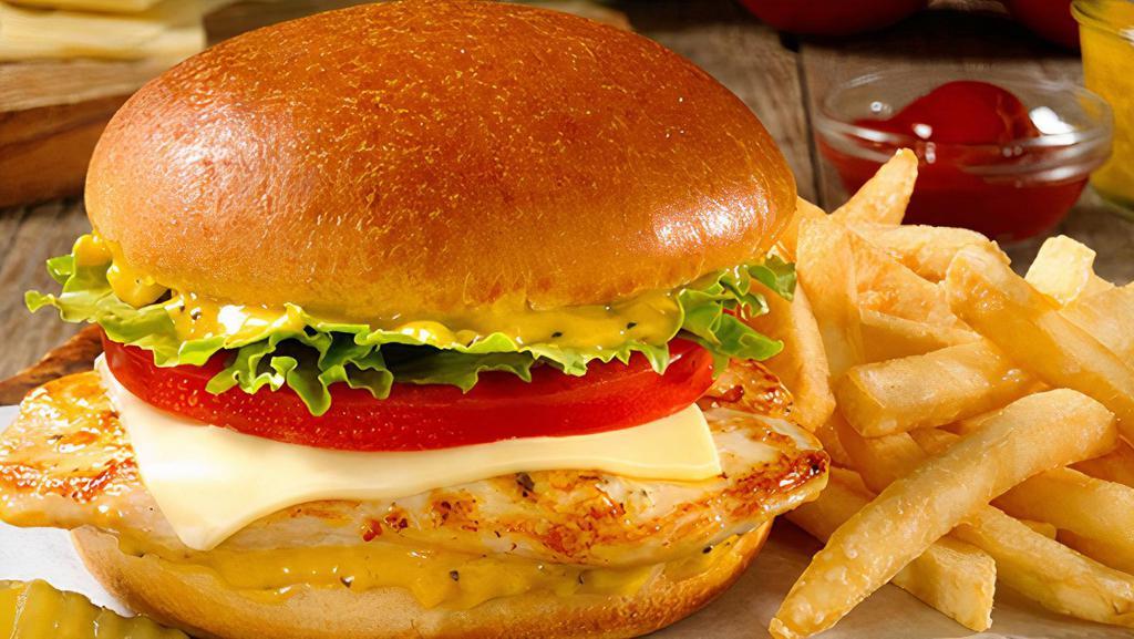 Grilled Chicken Burger · Free ranch chicken breast charbroiled in low heat. Served with choice of your cheese, lettuce, onion, tomato and side of Sea-salt PourHouse fries.