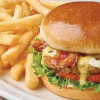 Turkey  Burger · Premium tukey patty charbroiled in low heat served with roasted peppers, lettuce, tomato, fr...