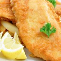 Fish & Chips · Beer battered Cod fillet, thick cut French Fries, Coleslaw and Tartar sauce