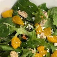 Fresh Pacific Salad · Mixed greens, carrots, candied walnuts, gorgonzola cheese, mandarin orange, house vinaigretter