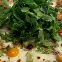 Pesto Pizza · HOMEMADE PESTO, CARMALIZED ONIONS, FRESH MOZZARELLA CURD, PARMESAN, TOMATOS,GARLIC OLIVE OIL