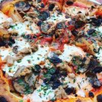 Sausage Pizza · HOMEMADE SAUSAGE MARINATED IN WHITE WINE, MUSHROOMS, CHERRY TOMATOES, RED ONIONS, FRESH MOZZ...