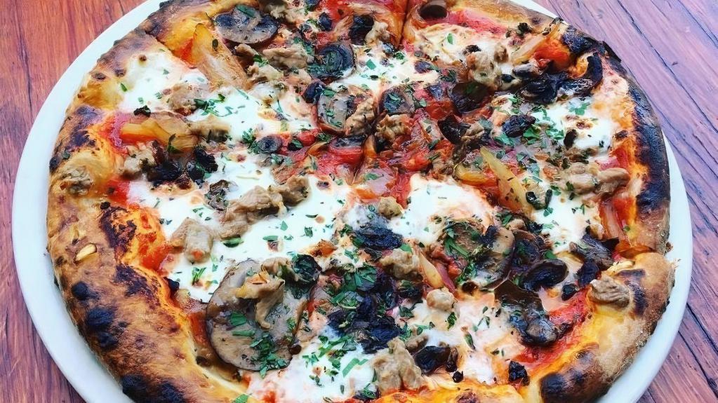 Sausage Pizza · HOMEMADE SAUSAGE MARINATED IN WHITE WINE, MUSHROOMS, CHERRY TOMATOES, RED ONIONS, FRESH MOZZARELLA CURD,CHIVES, GARLIC OLIVE OIL