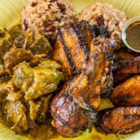 Curried Goat & Jerk Pork · Available Daily. Served w/ Rice and Beans and Fried Plantains