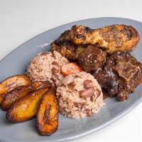 Jerk Chicken & Oxtail · Served w/ Rice and Beans & Fried Plantains