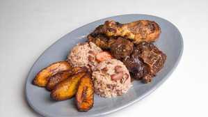 Jerk Chicken (White Meat) & Beef Oxtails · Served w/ Rice and Beans & Fried Plantains
