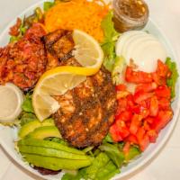 Jerk Salmon Cobb Salad · Mixed Lettuce, Hardboiled Egg, Tomato, Bacon, Avocado, Cheddar Cheese w/ Ranch Dressing