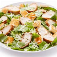 Caesar Chicken Salad · Fresh Caesar Salad prepared with seasoned grilled chicken, romaine lettuce, shredded cheese,...