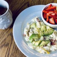 The Strong Start · Four egg whites scrambled with diced bacon and avocado. Served with a cup of fresh fruit.