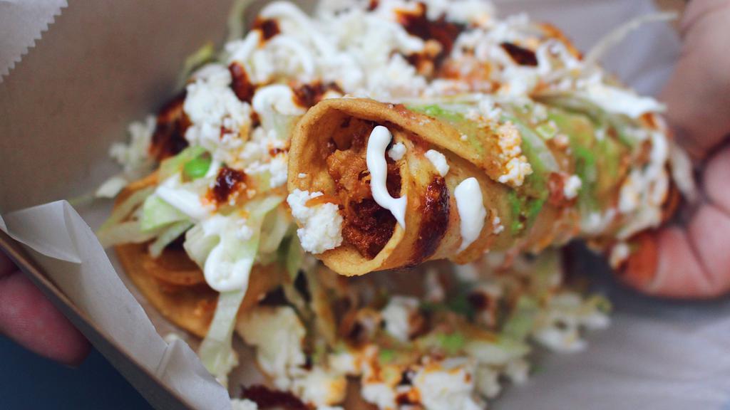 Flautas · 2 crispy taquitos your choice of papa&chorizo, chicken&cheese or birria served with tomato sauce, queso fresco, lettuce, and sour cream.
