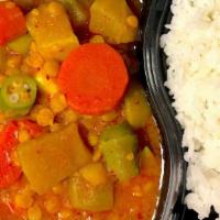 Yellow Pea with Vegetable Curry · Burmese style soft curry with yellow pea, potato, carrot, okra and chayote. Can be arranged ...