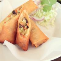 Vegitable Spring Roll · Fried flour wrapper filled with mushroom, carrot bean thread, and cabbage. 3pcs