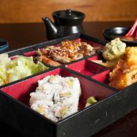 Chicken Teriyaki Bento Box · Served With Chicken , Rice, Salad , California Rolls, Miso Soup , and Tempura