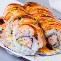 Lion King Roll (Baked) · Bakes roll. Salmon , Crab and avocado topped with sweet and spicy sauce.