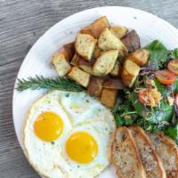 CLASSIC TWO EGGS   · Classic Two Eggs Any Style, Fried Potatoes, Garlic Toast, Sriracha Bacon or Steak, Choice of...