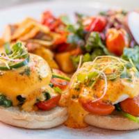 FLORENTINE BENEDICT  · Two Poached Eggs, Spinach, Tomatoes, English Muffin, Curry Hollandaise Sauce, Fried Potatoes...