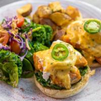SALMON BENEDICT  · Two Poached Eggs, Spinach, Salmon, English Muffin, Curry Hollandaise Sauce, Fried Potatoes, ...