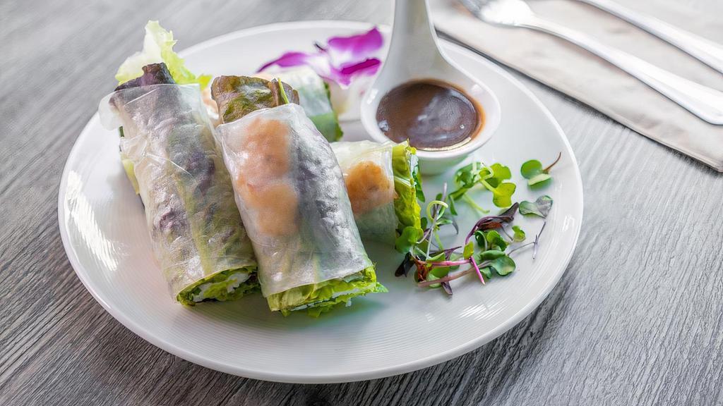 FRESH SPRING ROLLS  · Rice paper wrap, red leaf lettuce, vermicelli, crispy shallot, mint, pickled daikon and carrot, homemade hoisin sauce choice of shrimp or fried organic soy tofu.