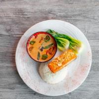 SALMON CURRY BOWL  · Grilled salmon steak, served with Thai red curry, cherry tomato, bell pepper, jalapeños, bas...