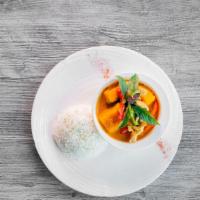 PUMPKIN CURRY  · Steamed kabocha pumpkin, Thai style red curry, bell pepper, basil, and choice of chicken or ...