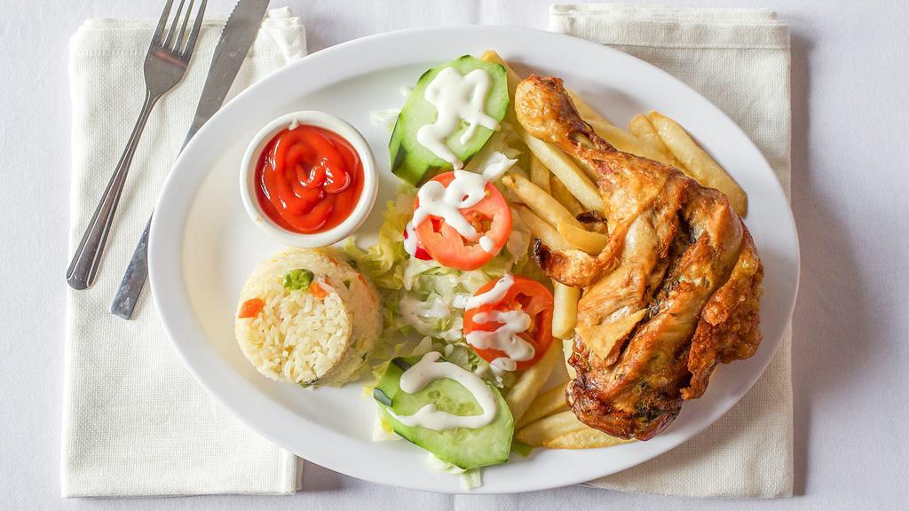 POLLO FRITO CON PAPAS · fried chicken with fries (beans not included