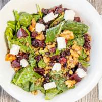 Kale Salad · Quinoa, lentil, feta cheese, walnuts, roasted beets, dried cranberries and lemon dressing.