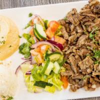 Beef & Lamb Gyros Plate · Slow cooked thinly sliced lamb.