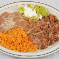 #14. Carnitas Combo · Pork Carnitas made to your specification. Accompanied by rice, beans, salad, and tortillas.