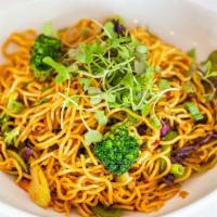 Hakka Noodles · Noodles stir fried with vegetables and sauces, a popular indo-Chinese street food dish.