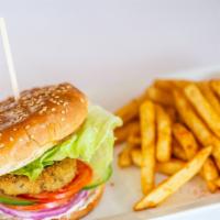 Vegetable Burger · Indian style burger with potato fries and choice of soda.