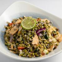 Sprouts Bhel · Sprouted lentils tossed with potato, onion, sev, chickpeas and chutney.
