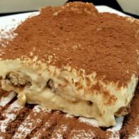 Tiramisu  · Layers of Italian ladyfingers, drenched in a rich espresso coffee, divided by mascarpone cre...