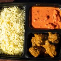 Lunch Box(Butter Chicken& C.T.M · Butter Chicken,Chicken Tikka Masala with plain rice and half of naan. A side of cucumber raita