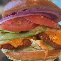 Fried Chicken Tender Sandwich · Fried chicken topped with Lettuce,Tomatoes,Red onion and Pickles,With Creamy Chipotle Mayo o...