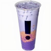 Ube Mochi Taro Latte · Fresh Taro Chunks with Drinkable Ube and Milk Mochi combined with Plant Based Non-Dairy.
