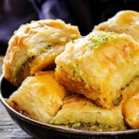 Pistachio Baklava (5Pc) · Crispy and flaky mediterrnean pastry with pistachios.