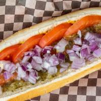 Happy Hound · Our Most Popular Hot Dog includes, our All Beef Hotdog, with Mustard, Onions, Tomatoes and S...